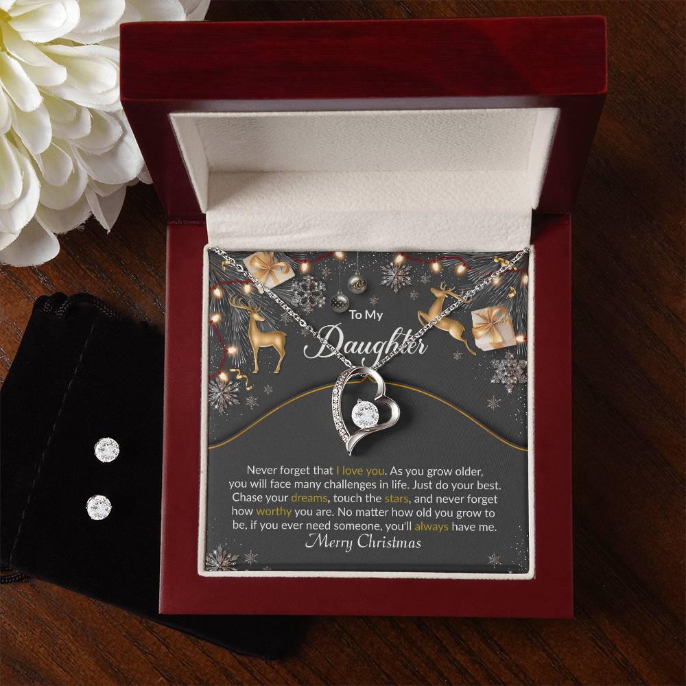 Christmas Reindeer Black Daughter Heart Necklace and Earring Set-[Heartfelt Family Gift]