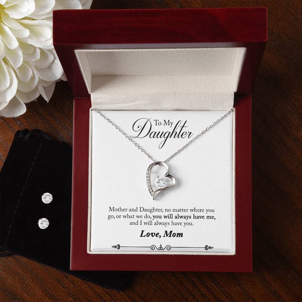 Daughter No Matter Where You Go Heart Necklace and Earring Set-[Heartfelt Family Gift]