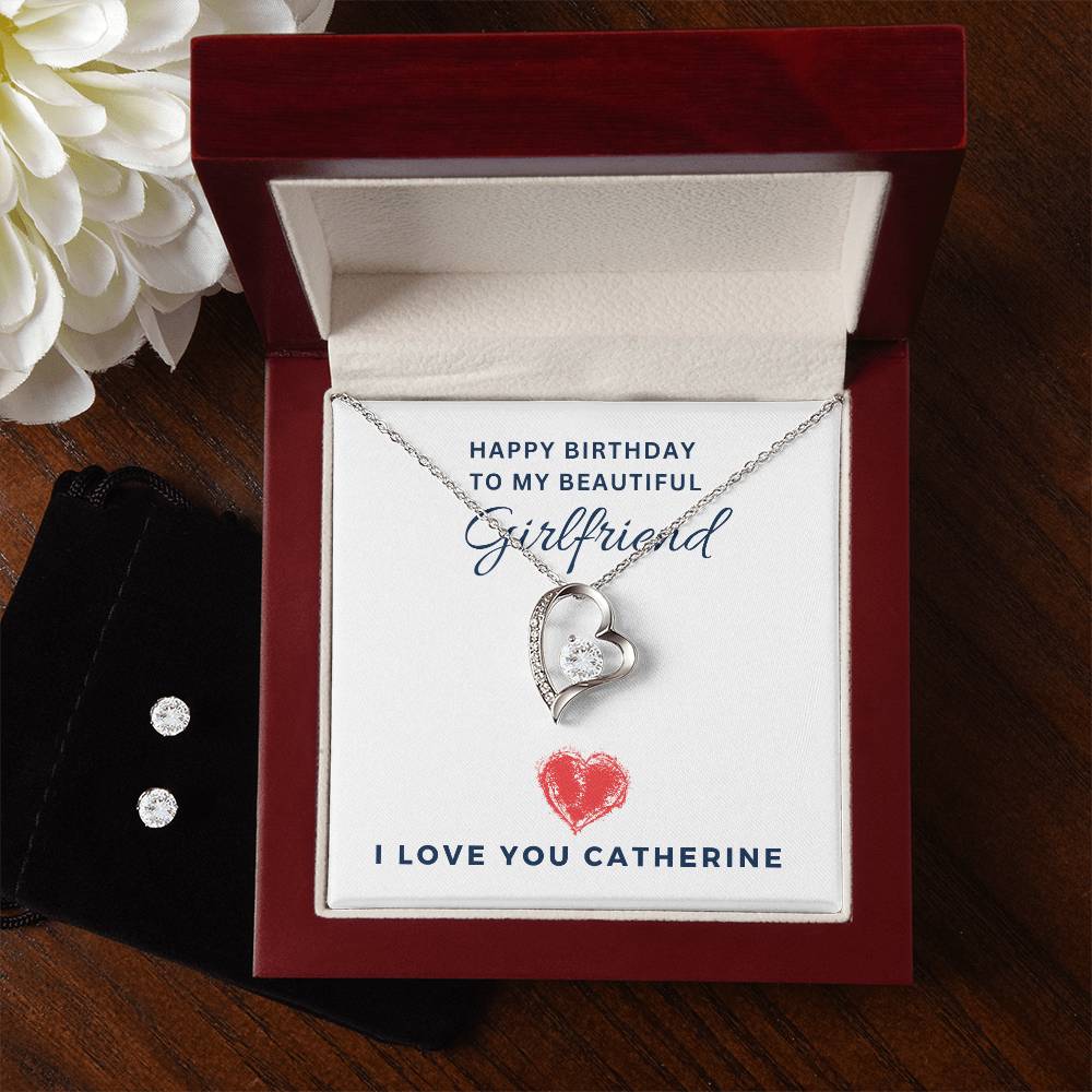 Happy Birthday Girlfriend Heart Necklace and Earring Set-[Heartfelt Family Gift]