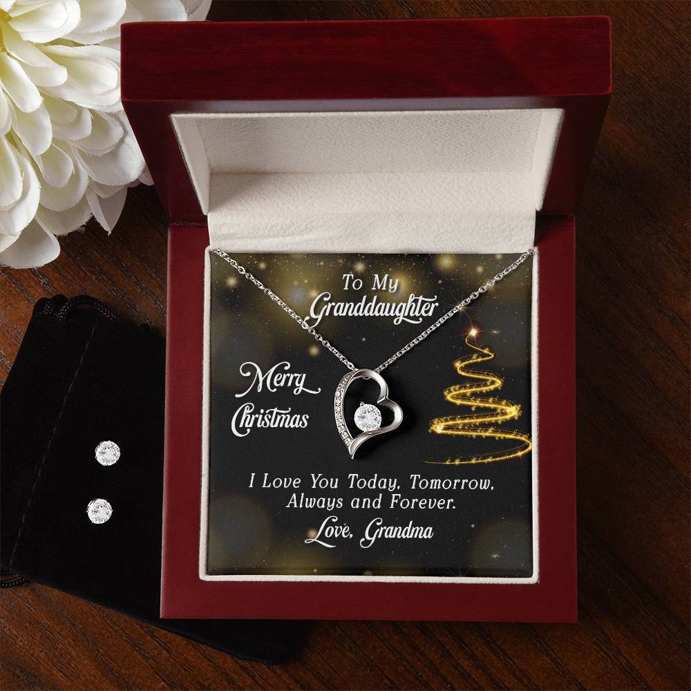 Granddaughter Merry Christmas Heart Necklace and Earring Set-[Heartfelt Family Gift]