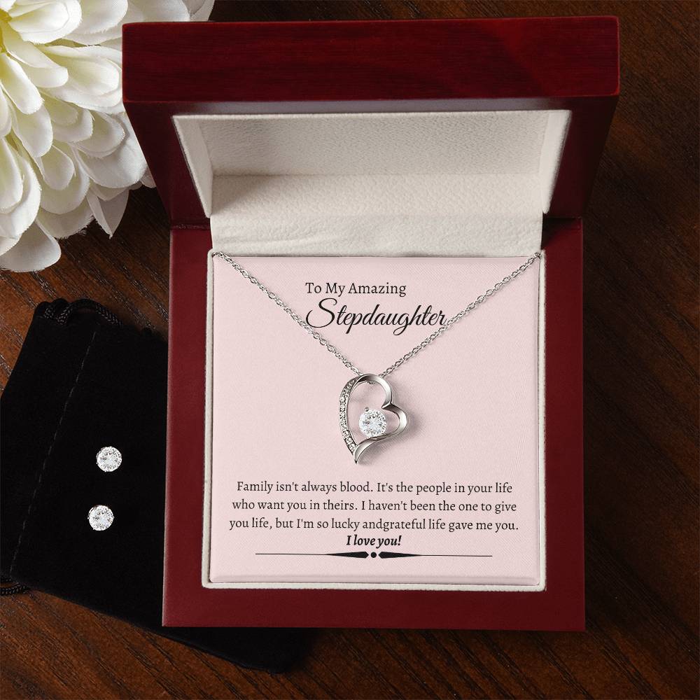 Stepdaughter Heart Necklace and Earring Set-[Heartfelt Family Gift]