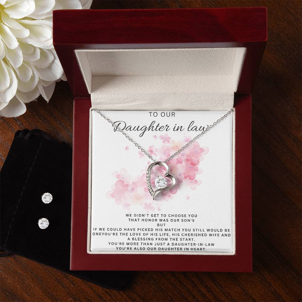Daughter in Law Heart Necklace and Earring Set-[Heartfelt Family Gift]