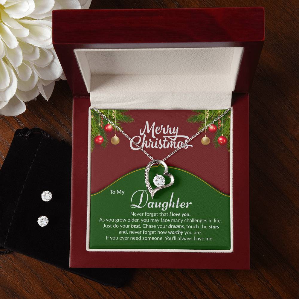 Christmas Green Red Daughter Heart Necklace and Earring Set-[Heartfelt Family Gift]