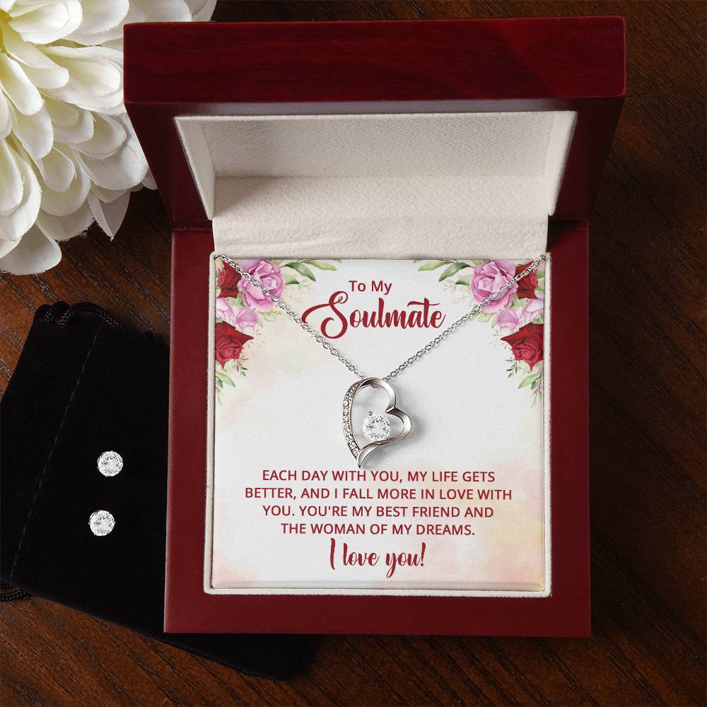 To My Soulmate and the Woman of My Dreams Heart Necklace and Earring Set-[Heartfelt Family Gift]
