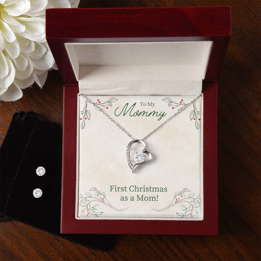 Mom First Christmas Heart Necklace and Earring Set-[Heartfelt Family Gift]