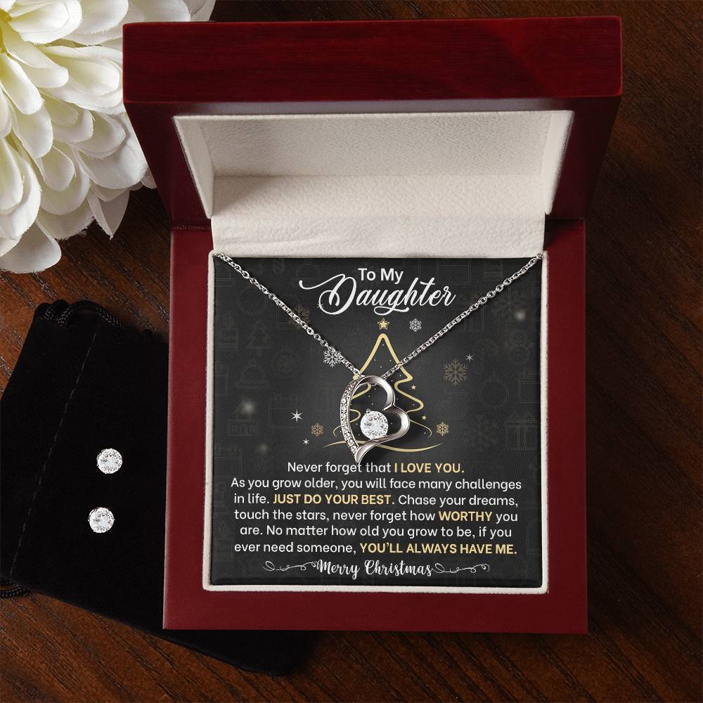 Daughter Christmas Heart Necklace and Earring Set-[Heartfelt Family Gift]