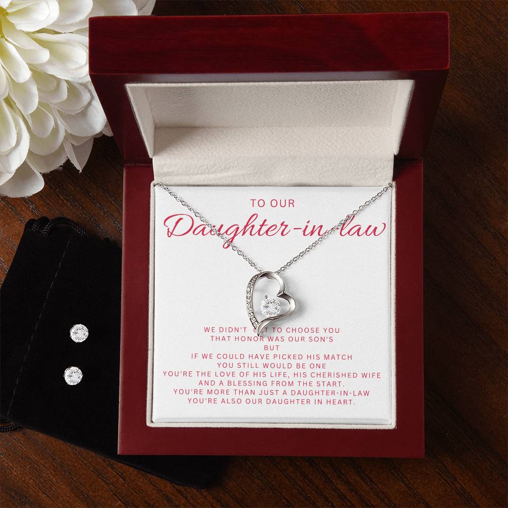 Daughter in Law Heart Necklace and Earring Set-[Heartfelt Family Gift]
