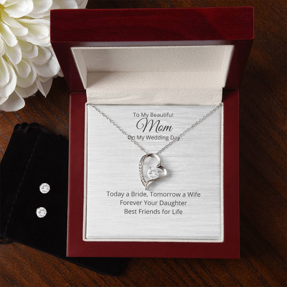 Mom on My Wedding Day Heart Necklace and Earring Set-[Heartfelt Family Gift]