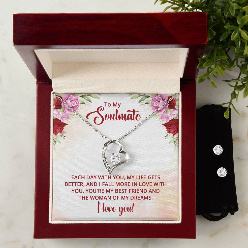 To My Soulmate and the Woman of My Dreams Heart Necklace and Earring Set-[Heartfelt Family Gift]