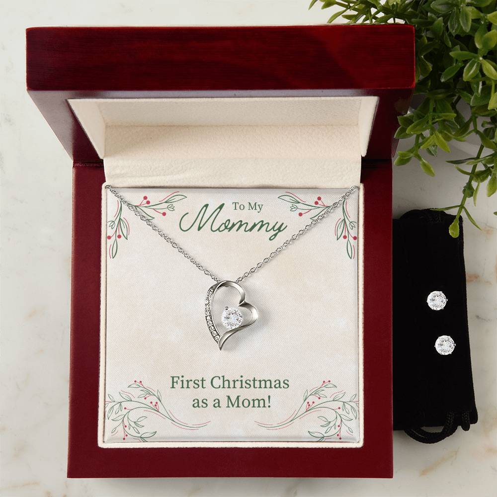 Mom First Christmas Heart Necklace and Earring Set-[Heartfelt Family Gift]