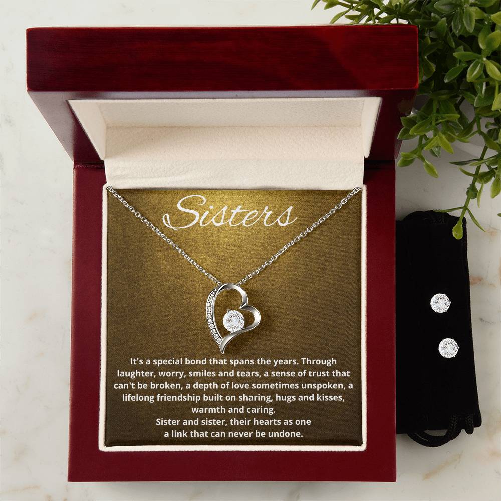 Sisters Heart Necklace and Earring Set-[Heartfelt Family Gift]