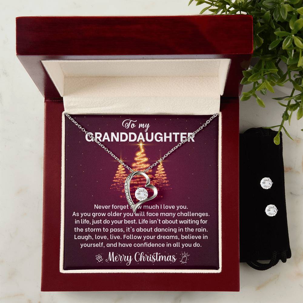Granddaughter Christmas Red Trees Heart Necklace and Earring Set-[Heartfelt Family Gift]
