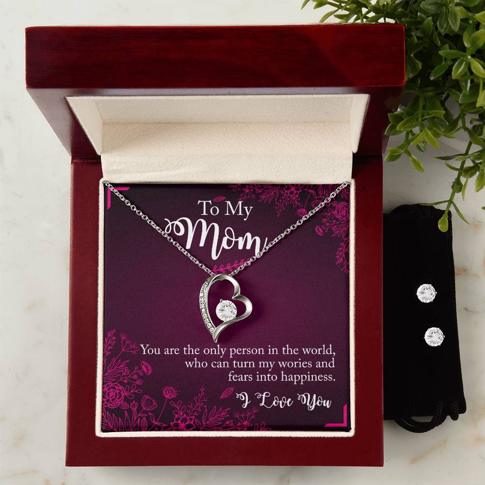 Mom Happiness Heart Necklace and Earring Set-[Heartfelt Family Gift]