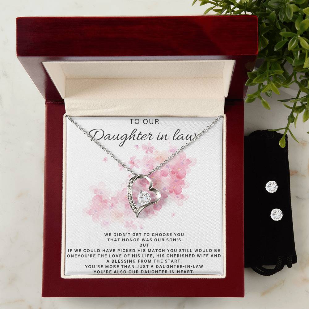 Daughter in Law Heart Necklace and Earring Set-[Heartfelt Family Gift]