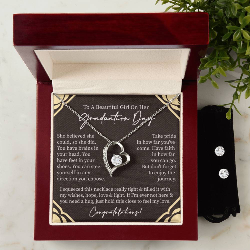 Graduation Heart Necklace and Earring Set-[Heartfelt Family Gift]