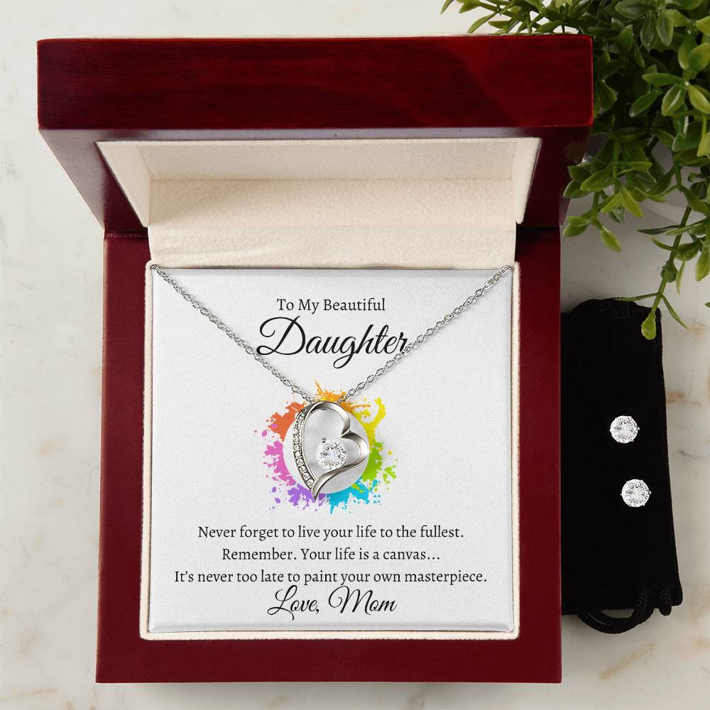 Daughter Life Is A Canvas Heart Necklace and Earring Set-[Heartfelt Family Gift]
