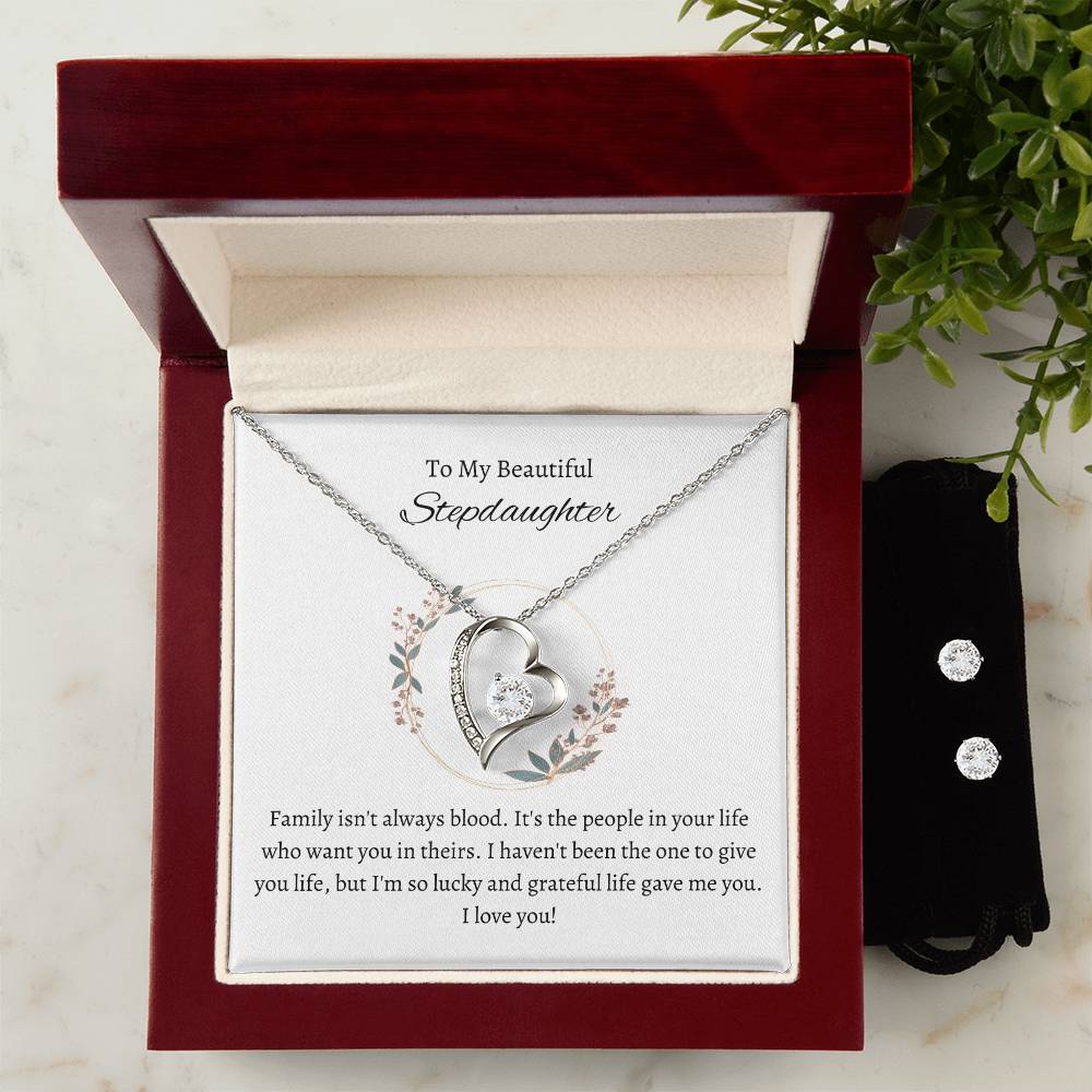Stepdaughter Heart Necklace and Earring Set-[Heartfelt Family Gift]
