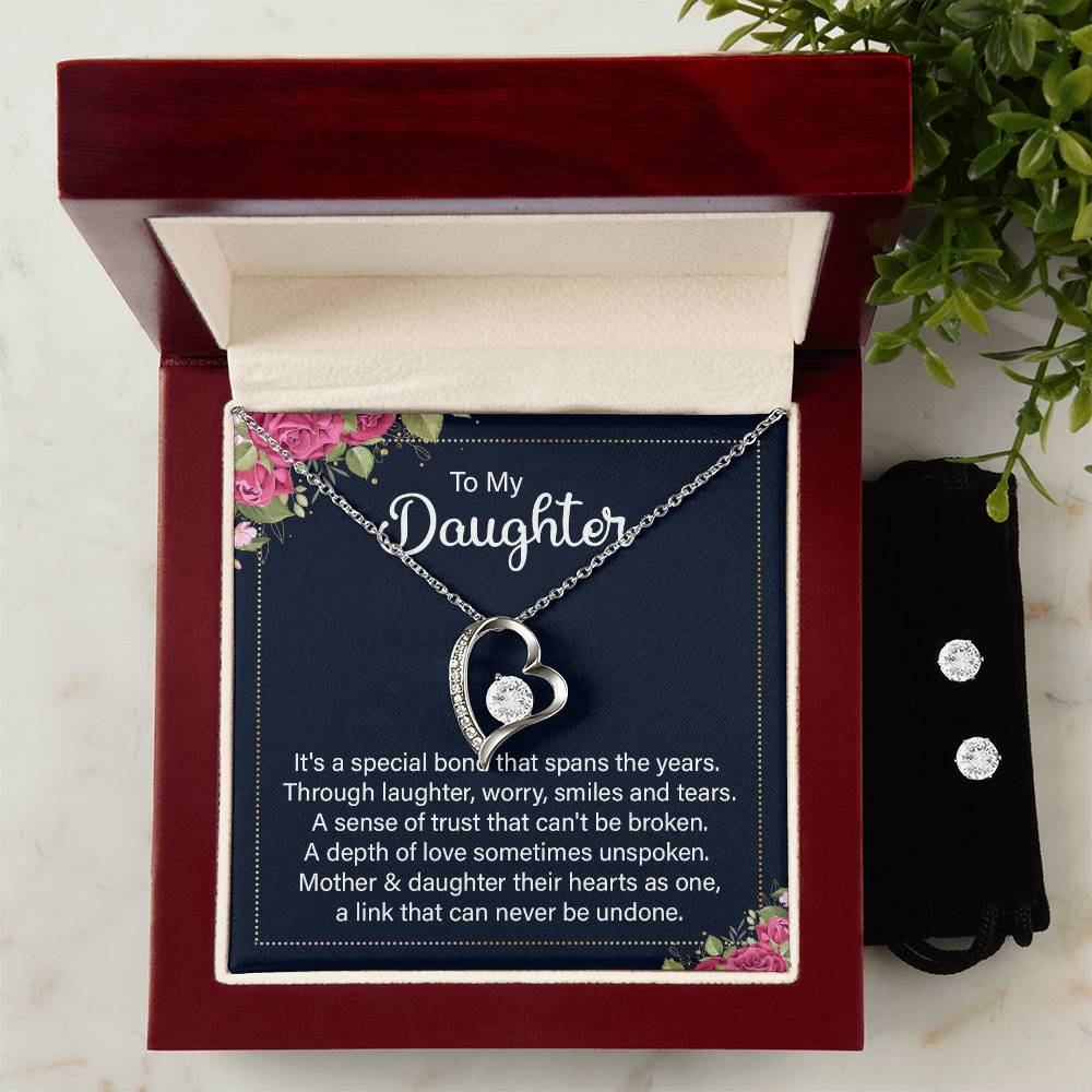 Daughter A Special Bond Heart Necklace and Earring Set-[Heartfelt Family Gift]