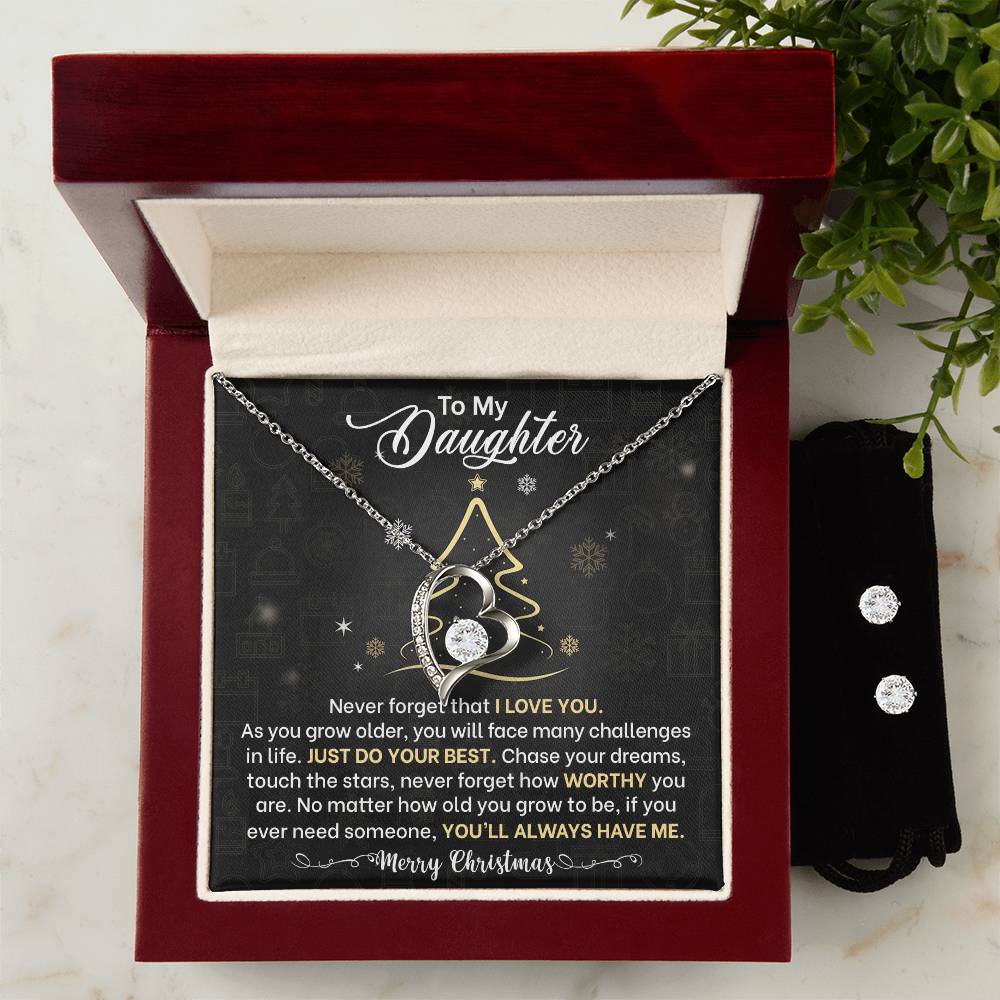 Daughter Christmas Heart Necklace and Earring Set-[Heartfelt Family Gift]