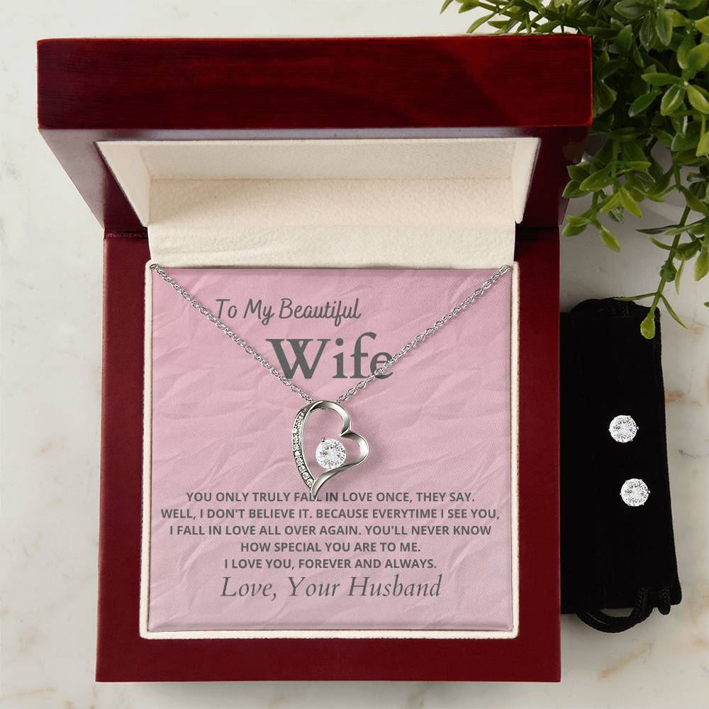 Beautiful Wife Heart Necklace and Earring Set-[Heartfelt Family Gift]