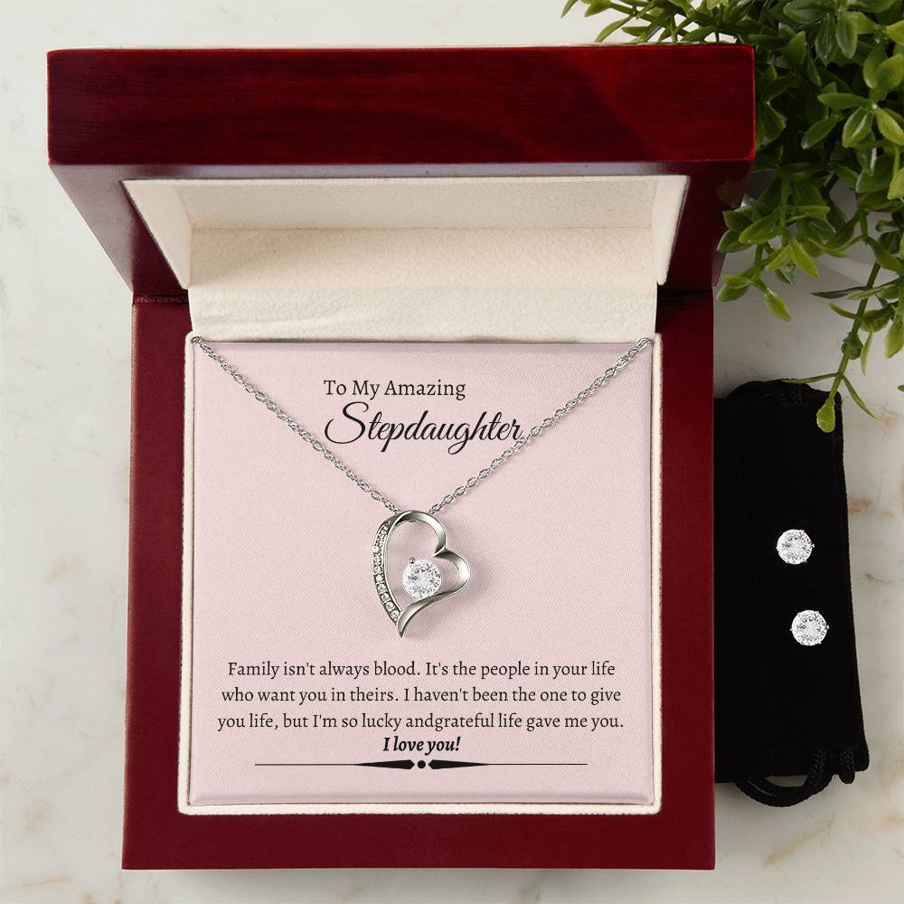 Stepdaughter Heart Necklace and Earring Set-[Heartfelt Family Gift]