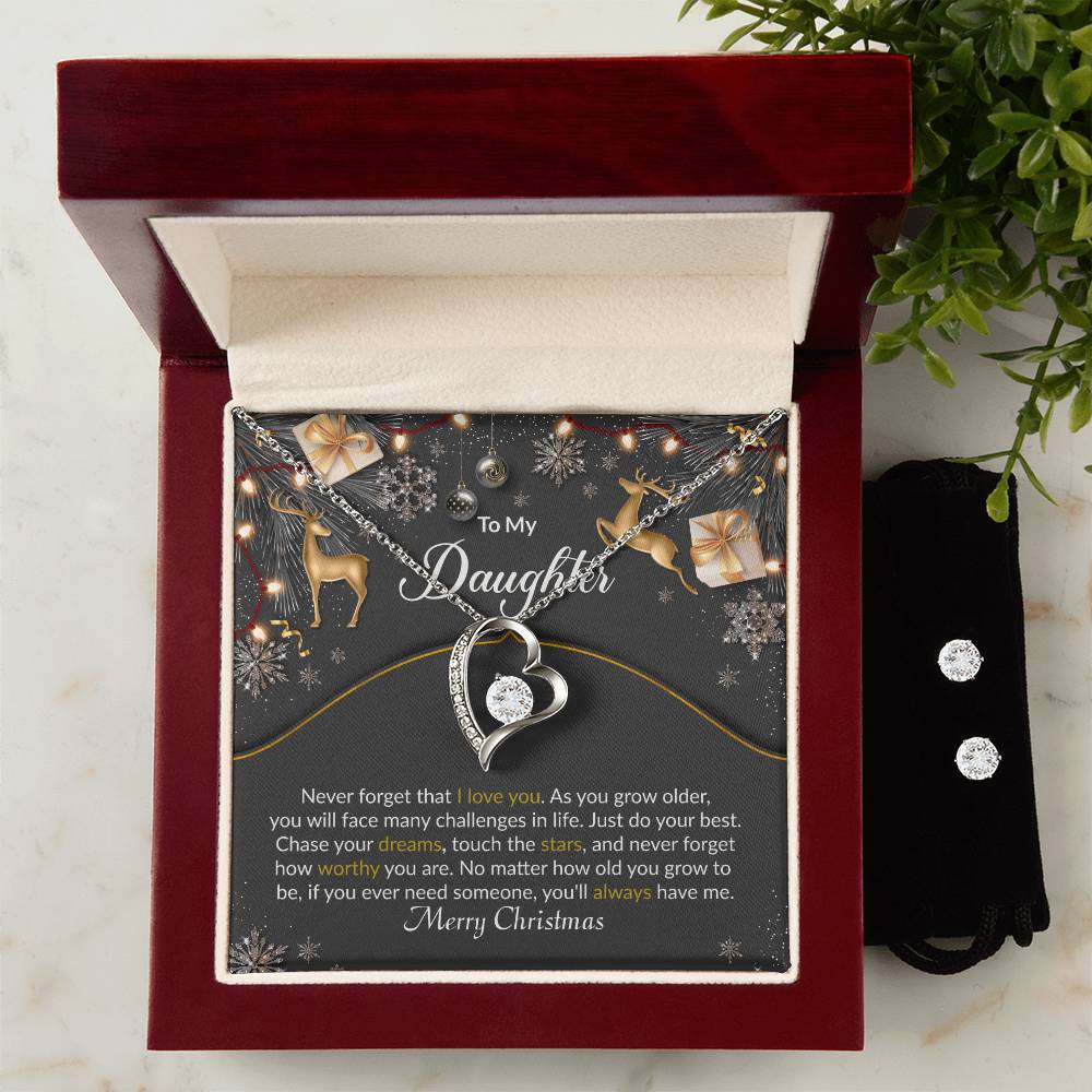 Christmas Reindeer Black Daughter Heart Necklace and Earring Set-[Heartfelt Family Gift]