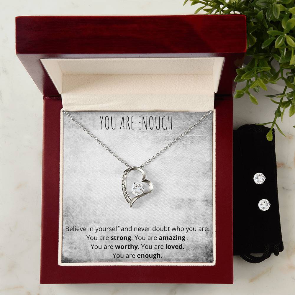 You Are Enough Heart Necklace  Earring Set - Encouragement Jewelry for Women-[Heartfelt Family Gift]