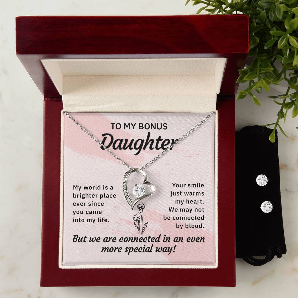 To my bonus daughter- Heart Necklace and Earring Set-[Heartfelt Family Gift]
