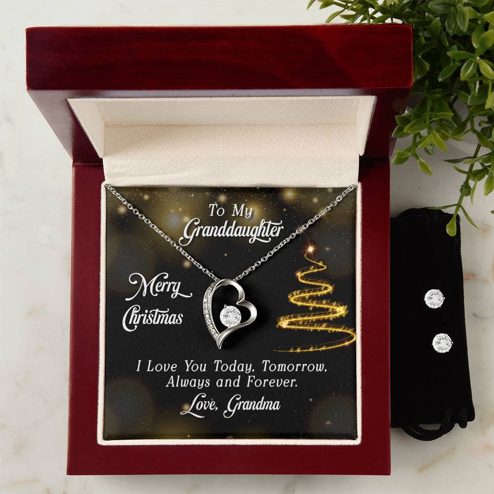 Granddaughter Merry Christmas Heart Necklace and Earring Set-[Heartfelt Family Gift]