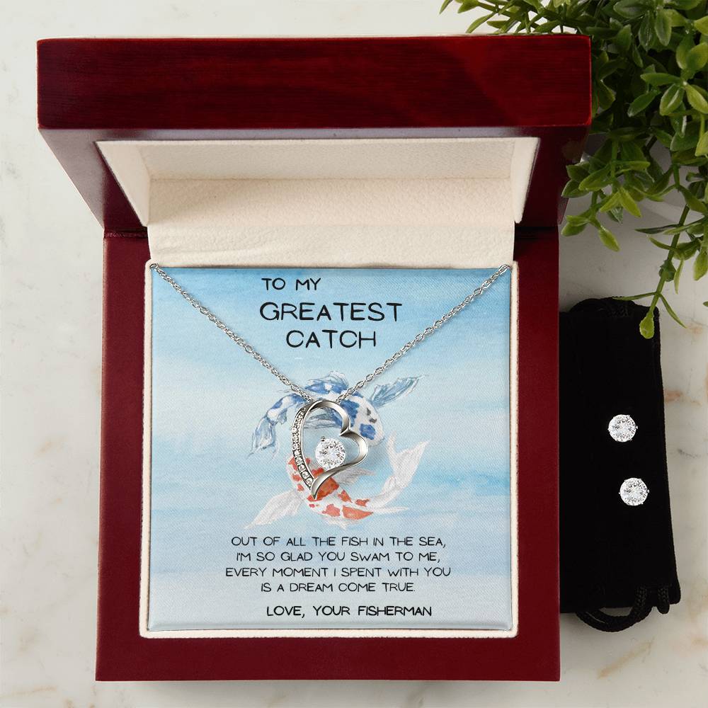 greatest catch Heart Necklace and Earring Set-[Heartfelt Family Gift]