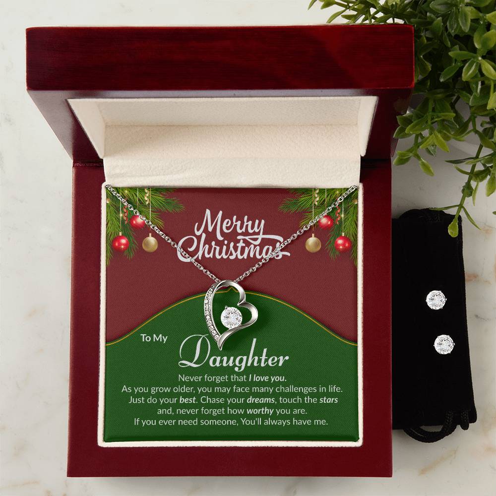 Christmas Green Red Daughter Heart Necklace and Earring Set-[Heartfelt Family Gift]