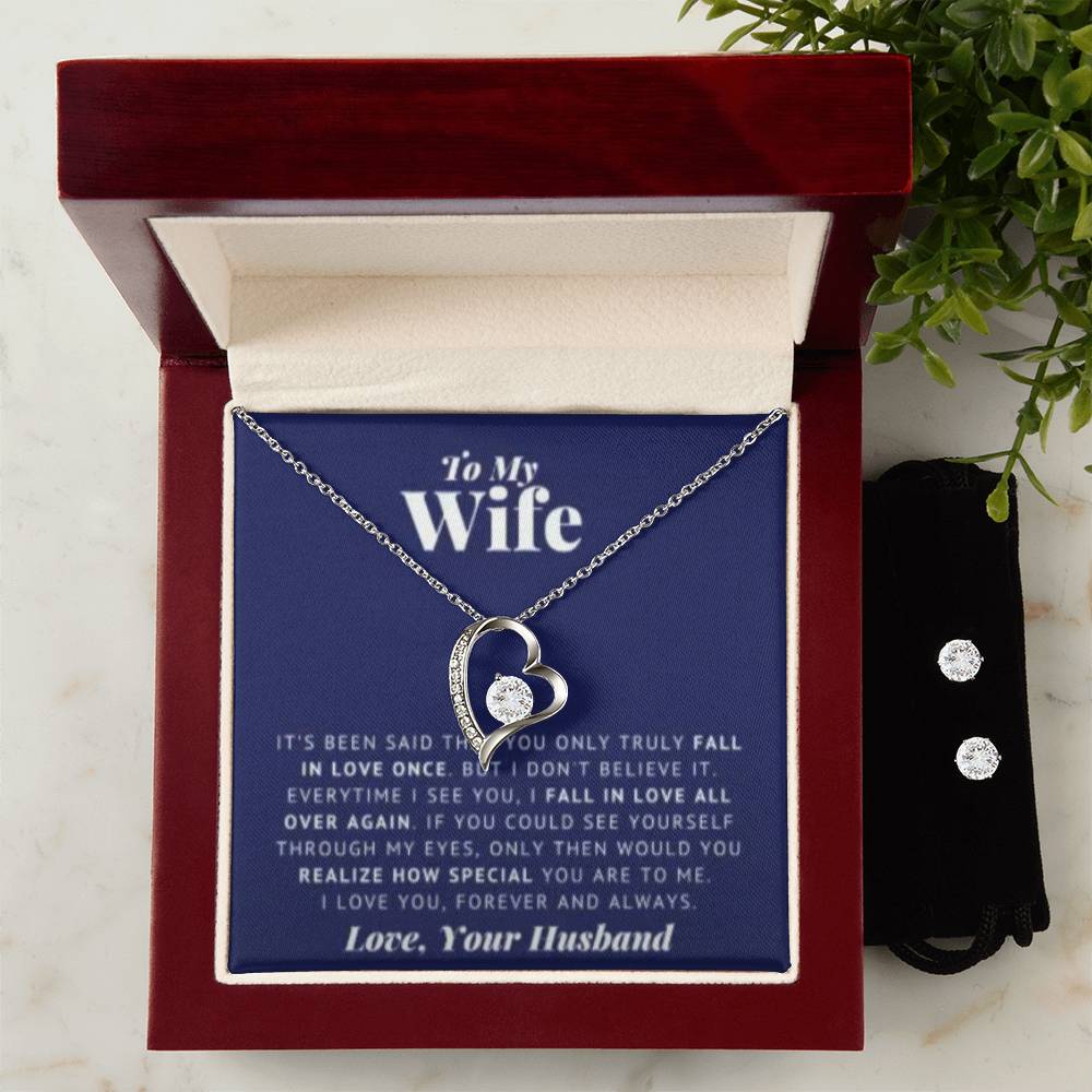 Wife Heart Necklace and Earring Set-[Heartfelt Family Gift]
