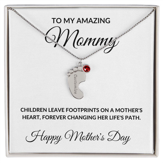 To My Amazing Mommy Personalized Engraved Baby Feet Birthstone Necklace In Silver or Gold-[Heartfelt Family Gift]