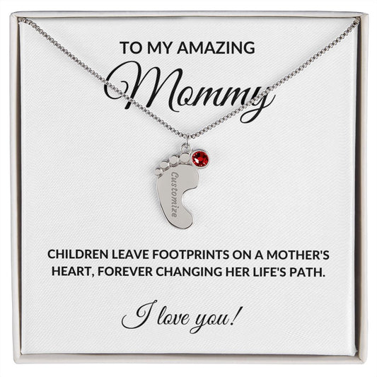 To My Amazing Mommy Engraved Baby Feet Birthstone Necklace in Silver or 18K Gold-[Heartfelt Family Gift]
