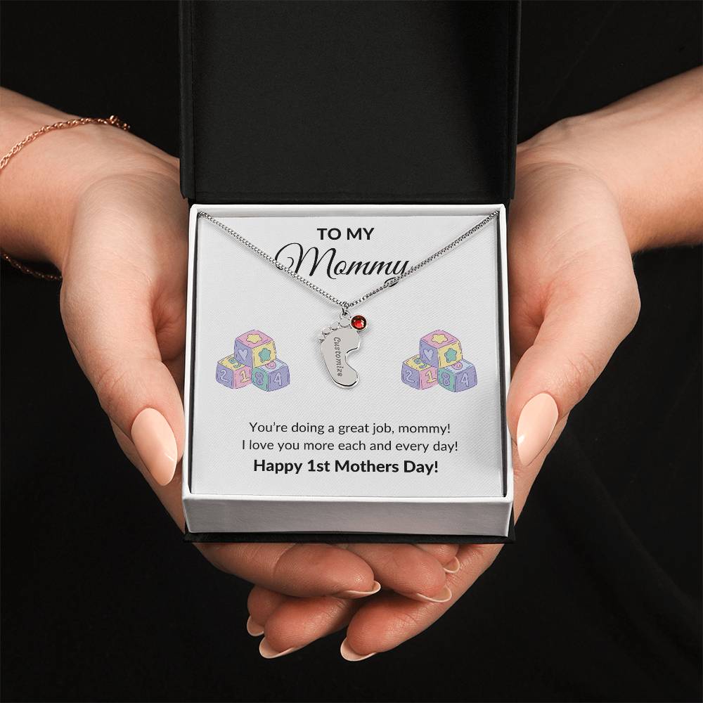 Happy First Mother's day Engraved Baby Feet Birthstone Necklace Gift-[Heartfelt Family Gift]