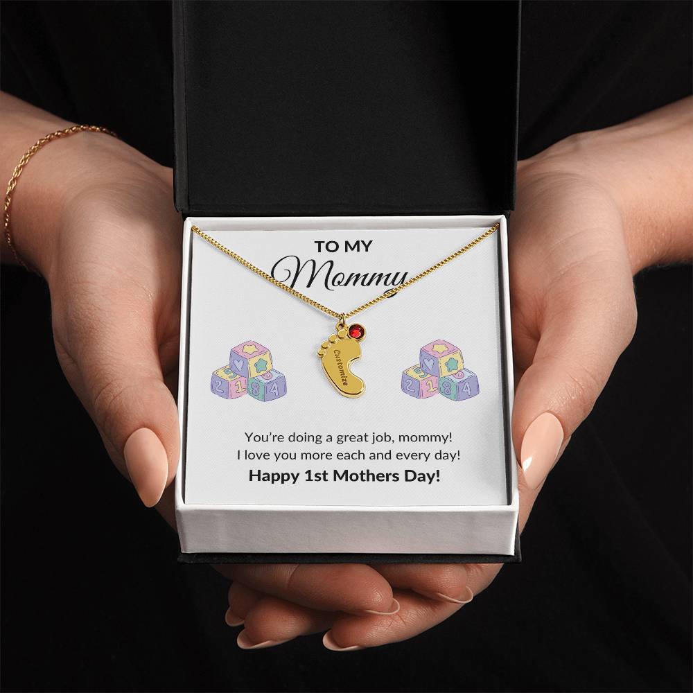 Happy First Mother's day Engraved Baby Feet Birthstone Necklace Gift-[Heartfelt Family Gift]