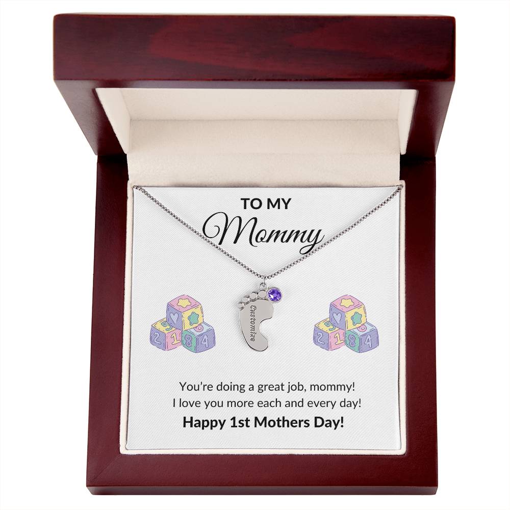 Happy First Mother's day Engraved Baby Feet Birthstone Necklace Gift-[Heartfelt Family Gift]