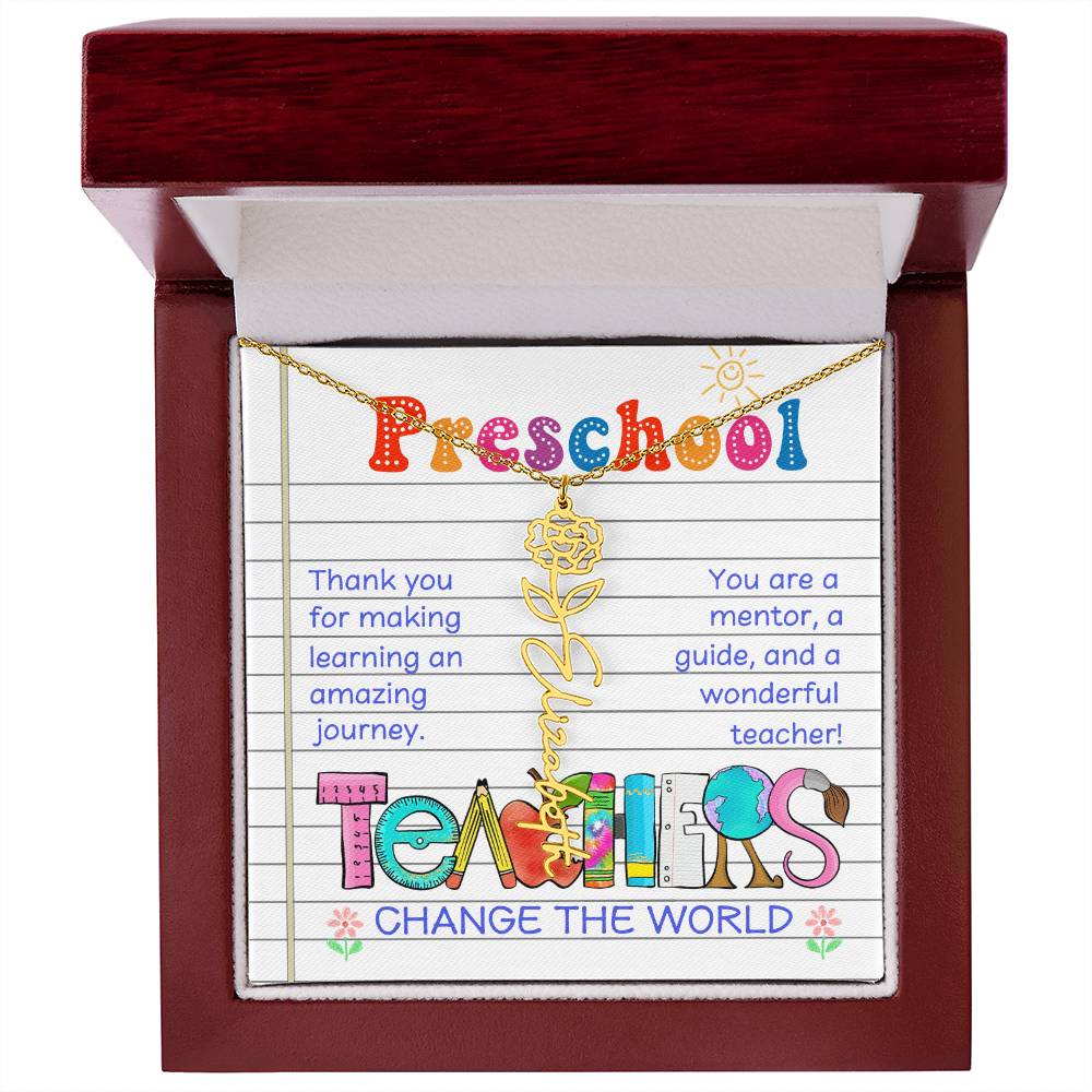 Preschool Teacher Birth Flower Name Necklace Gift