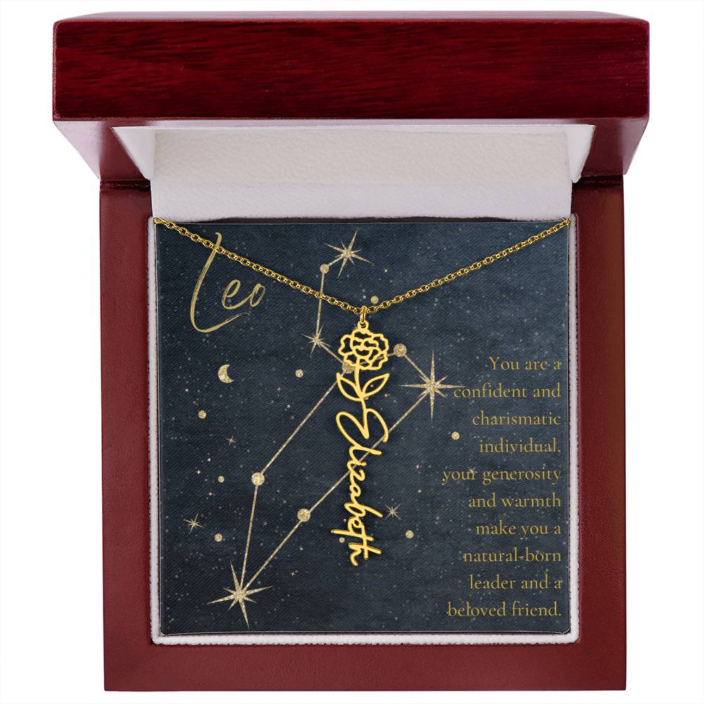 Leo Zodiac Birth Flower Name Necklace