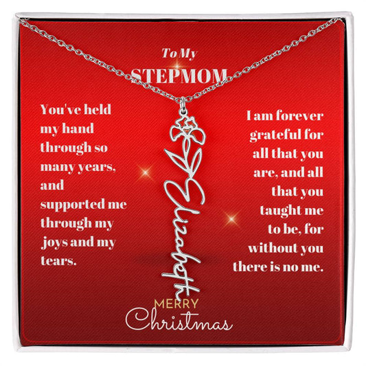 Merry Christmas Stepmother Personalized Name Birth Flower Necklace-[Heartfelt Family Gift]