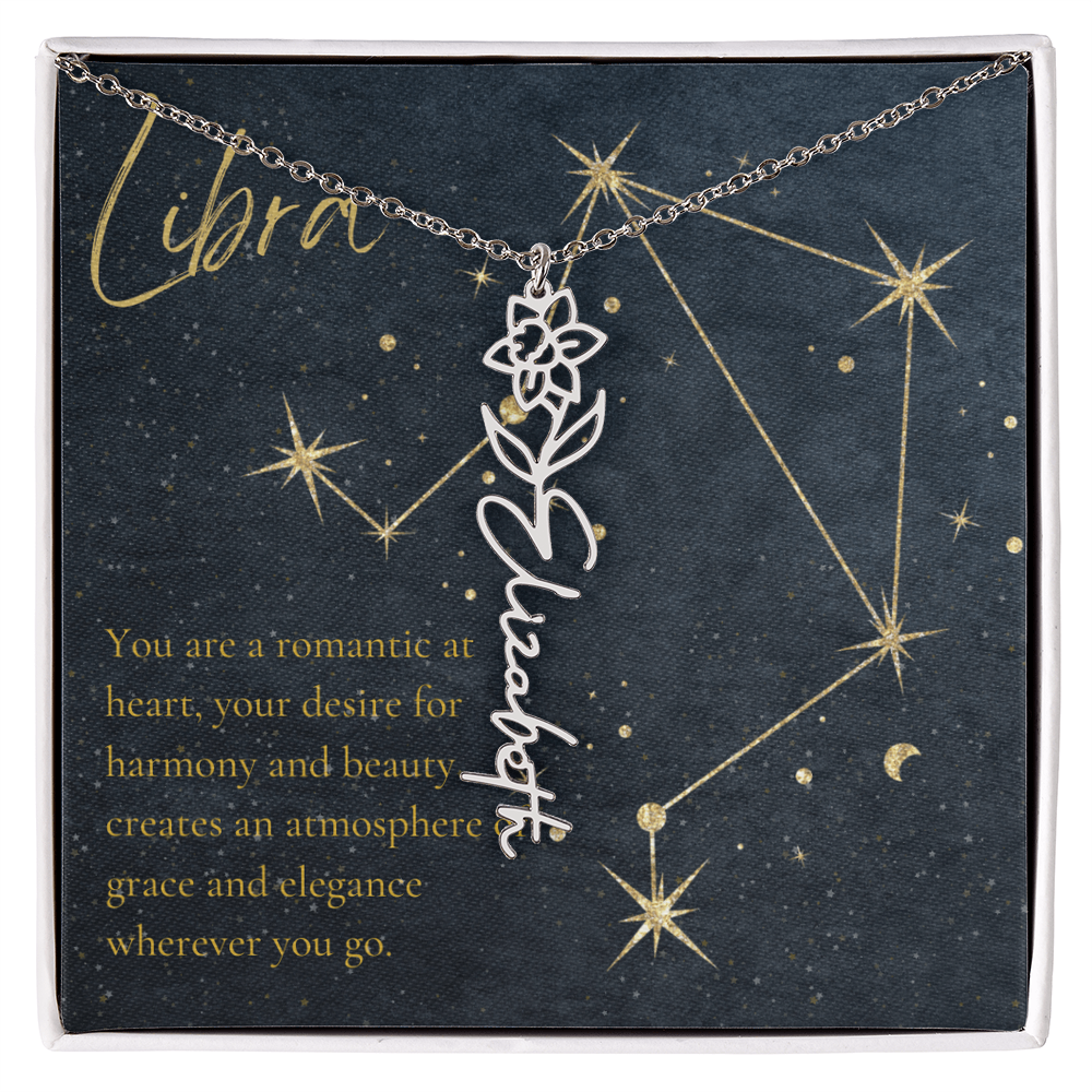 Libra Zodiac Birth Flower Name Necklace