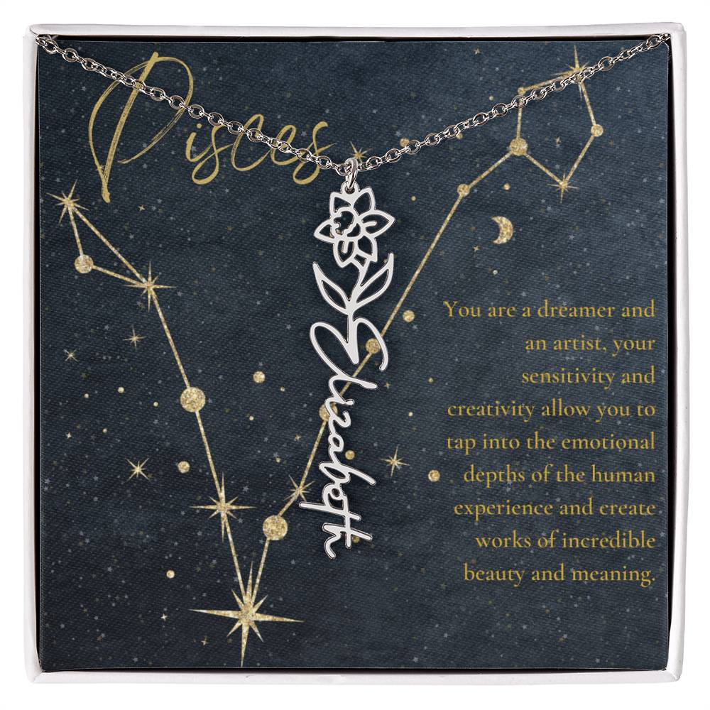 Pisces Zodiac Birth Flower Name Necklace