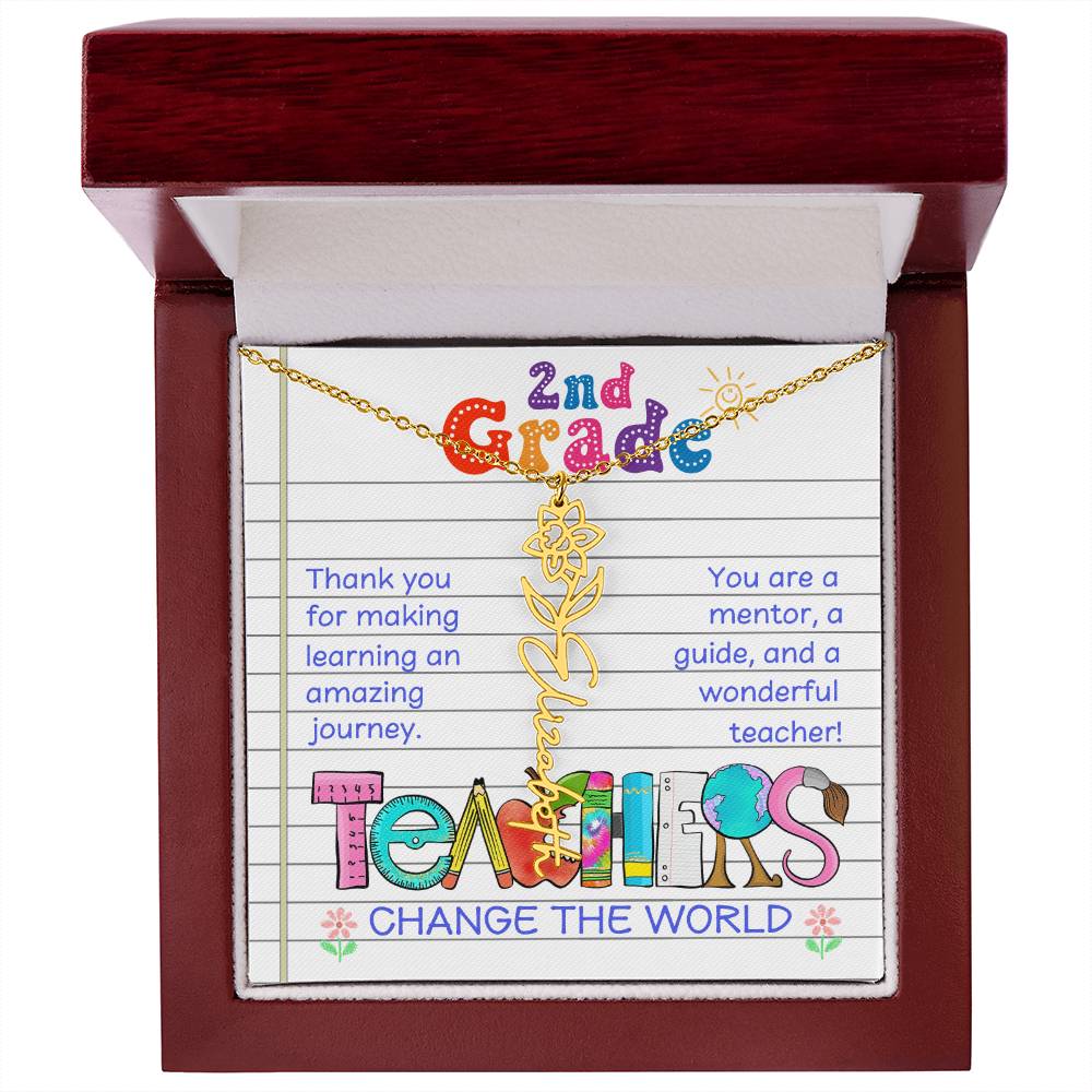 2nd Grade Teacher Birth Flower Name Necklace Gift