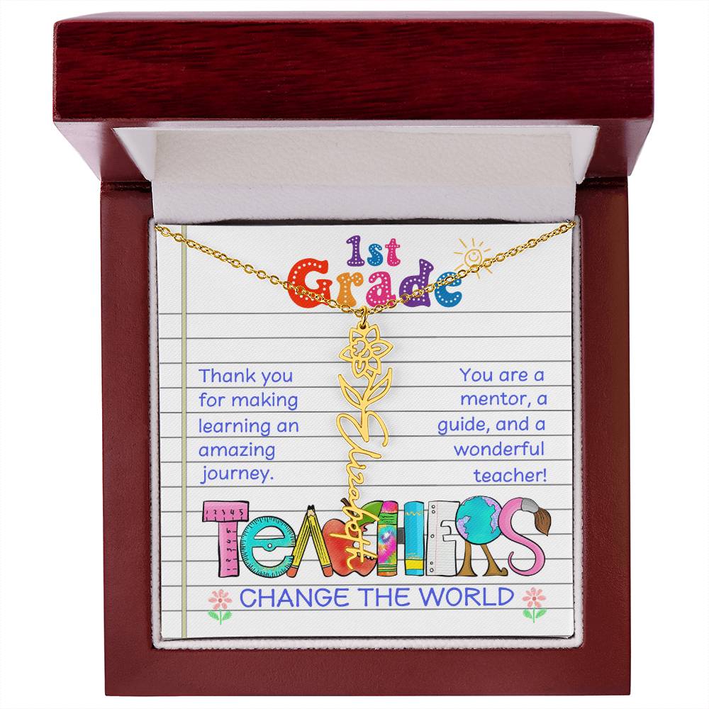 1st Grade Teacher Birth Flower Name Necklace Gift