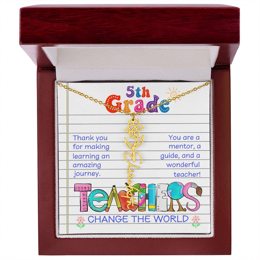 5th Grade Teacher Birth Flower Name Necklace Gift