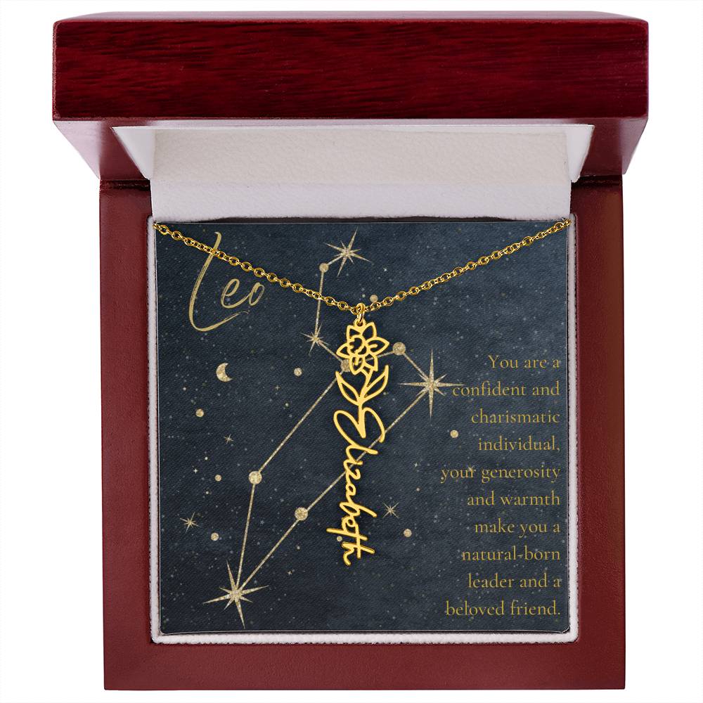 Leo Zodiac Birth Flower Name Necklace