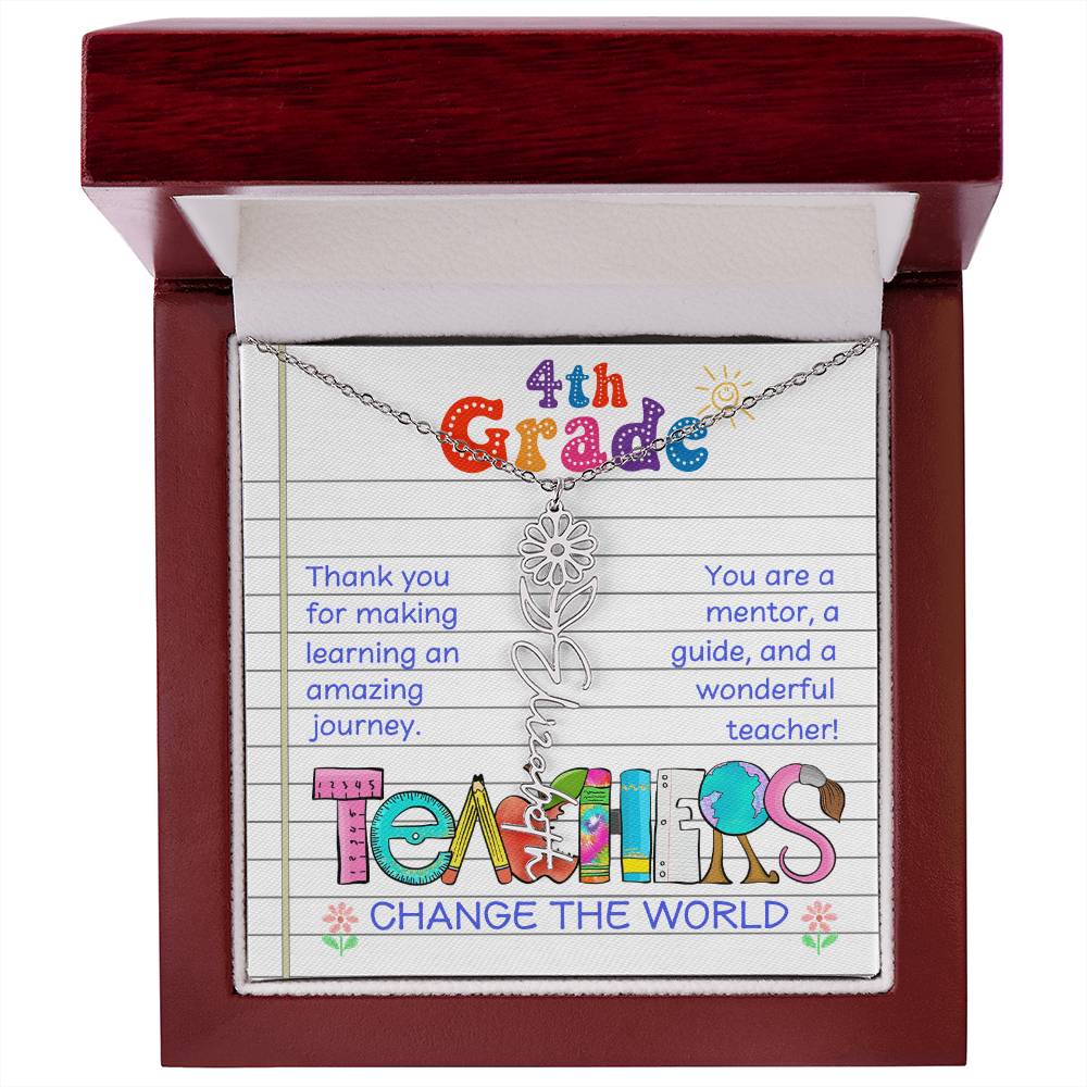 4th Grade Teacher Birth Flower Name Necklace Gift