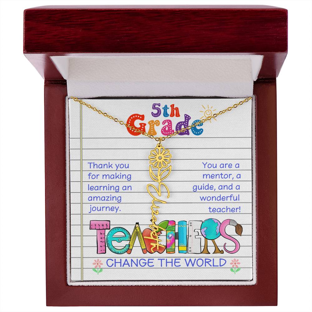 5th Grade Teacher Birth Flower Name Necklace Gift