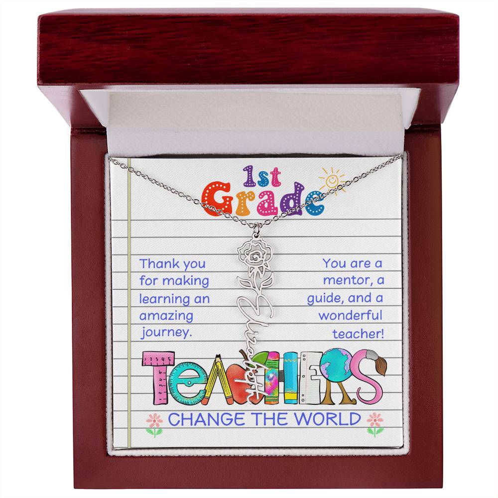 1st Grade Teacher Birth Flower Name Necklace Gift