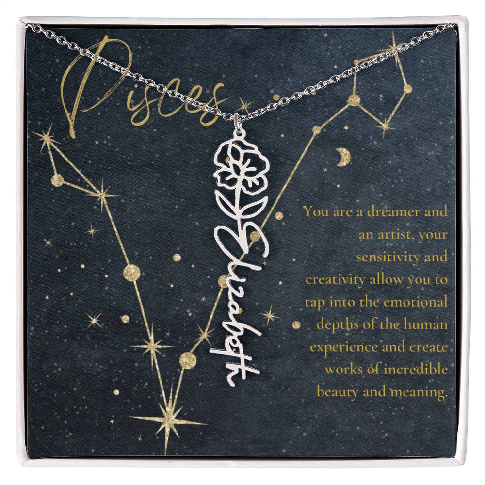 Pisces Zodiac Birth Flower Name Necklace